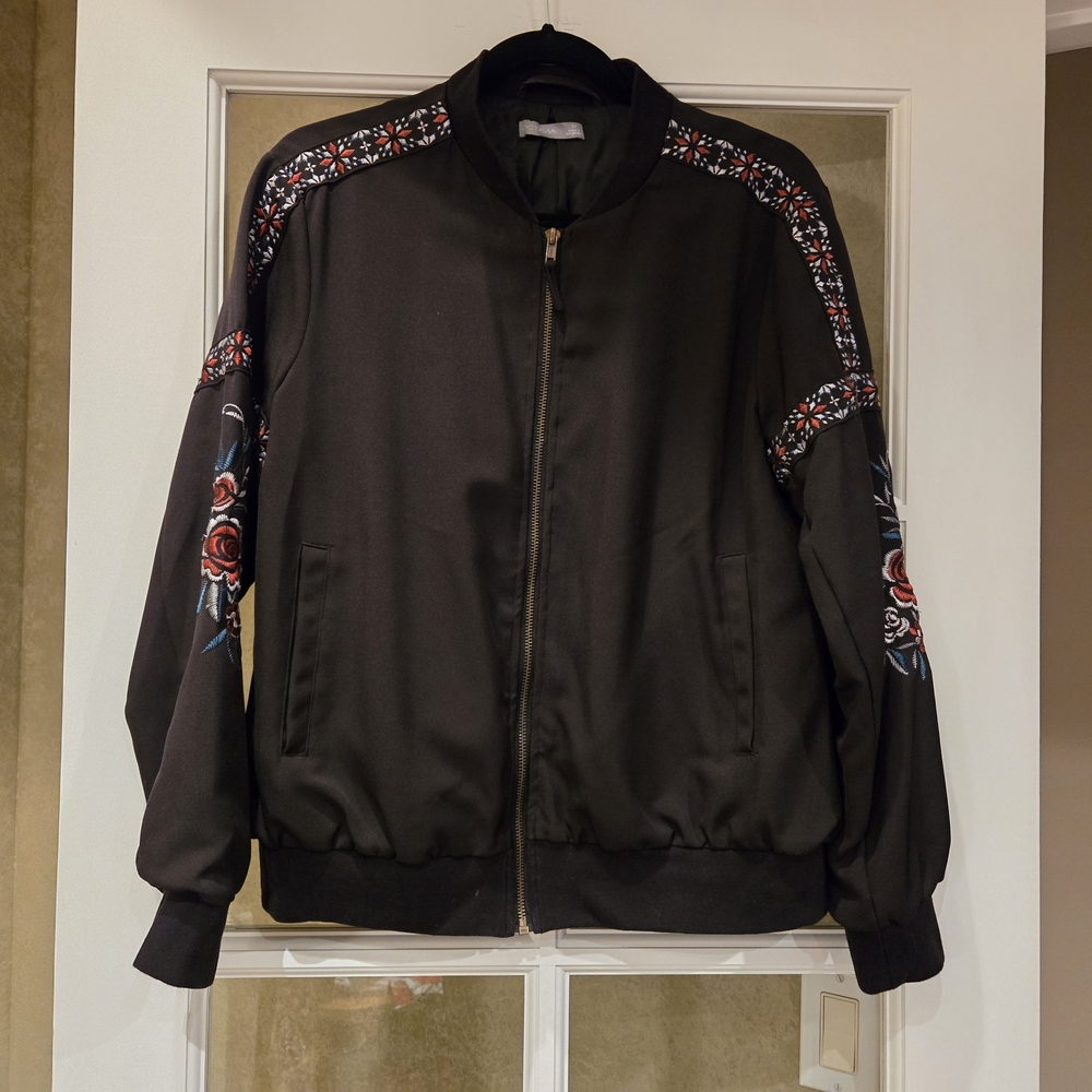 Black Bomber Jacket with Decorative Sleeve Trim